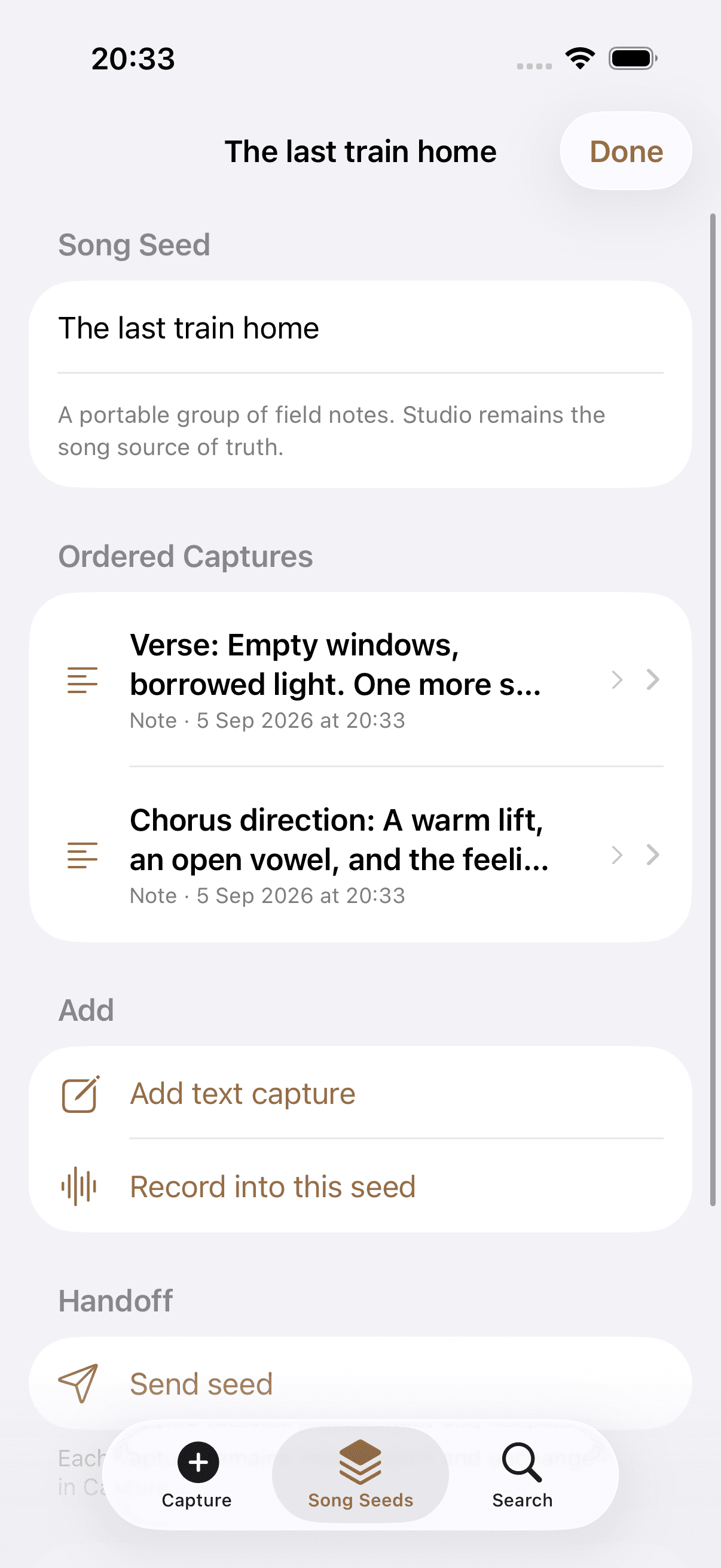Kordra Capture on iPhone showing a Song Seed with grouped lyric ideas and a share action