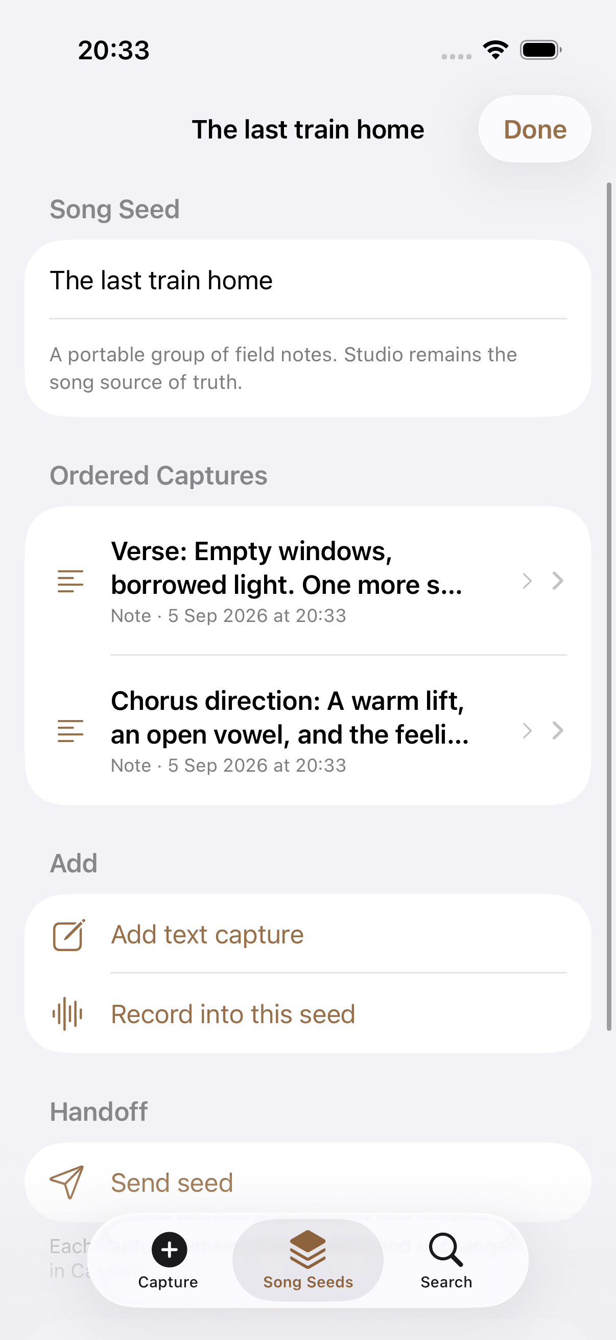 Kordra Capture on iPhone showing a Song Seed with grouped lyric ideas and a share action