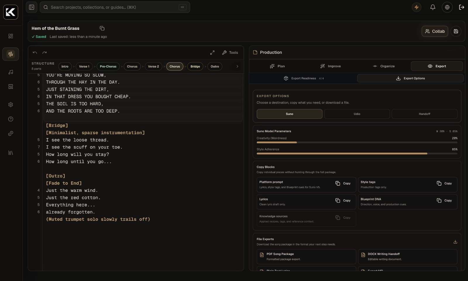 Kordra Music export options for moving a song into other tools and handoff formats.
