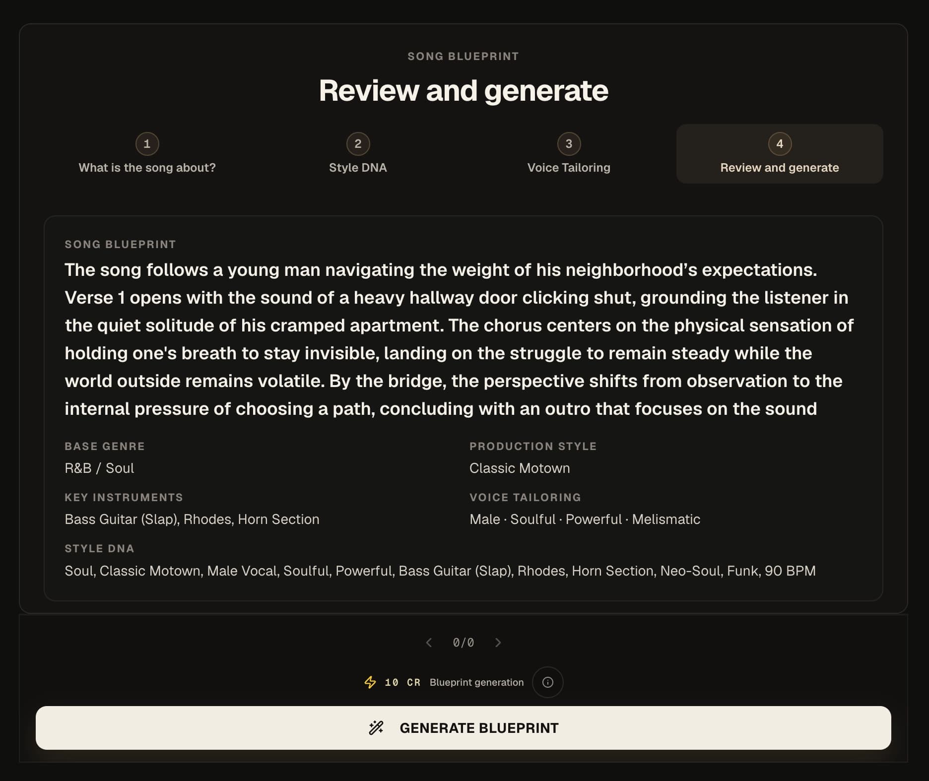 Kordra Music Blueprint review showing the song concept, style DNA, voice direction and generation step.