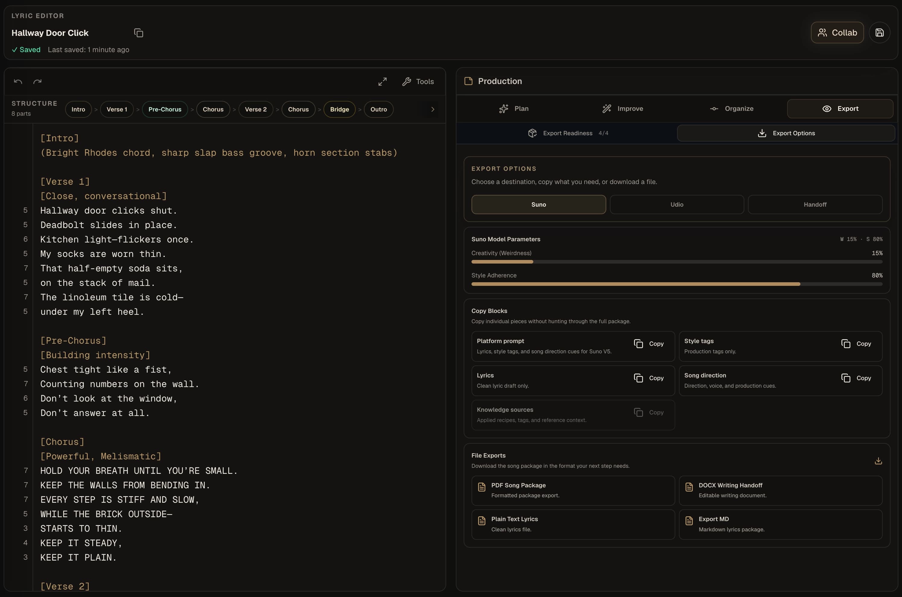 Kordra Music export workspace showing model parameters, copy blocks and portable file formats beside the song.
