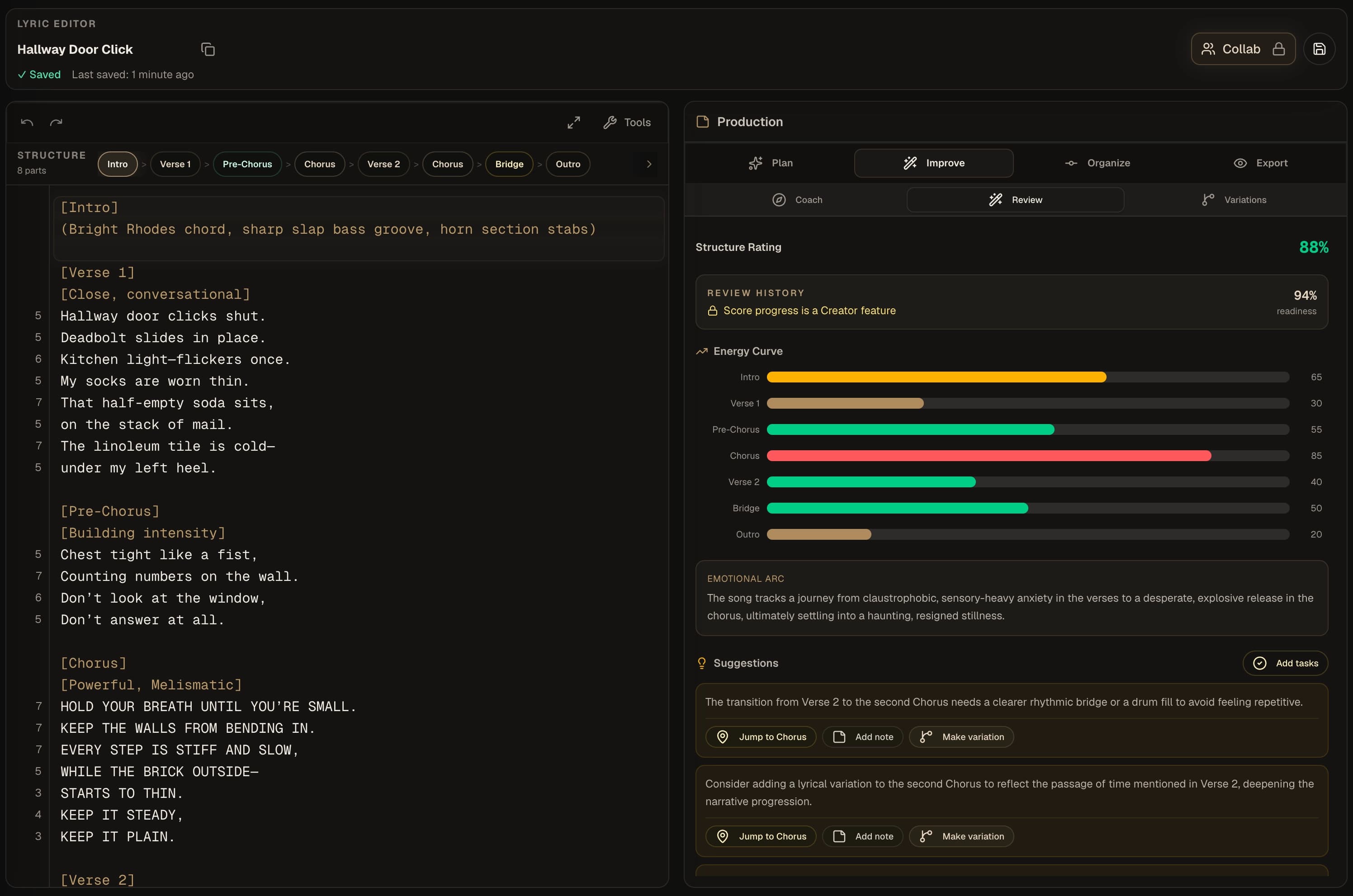 Kordra Music editor and review workspace showing song structure, energy evidence and revision suggestions.
