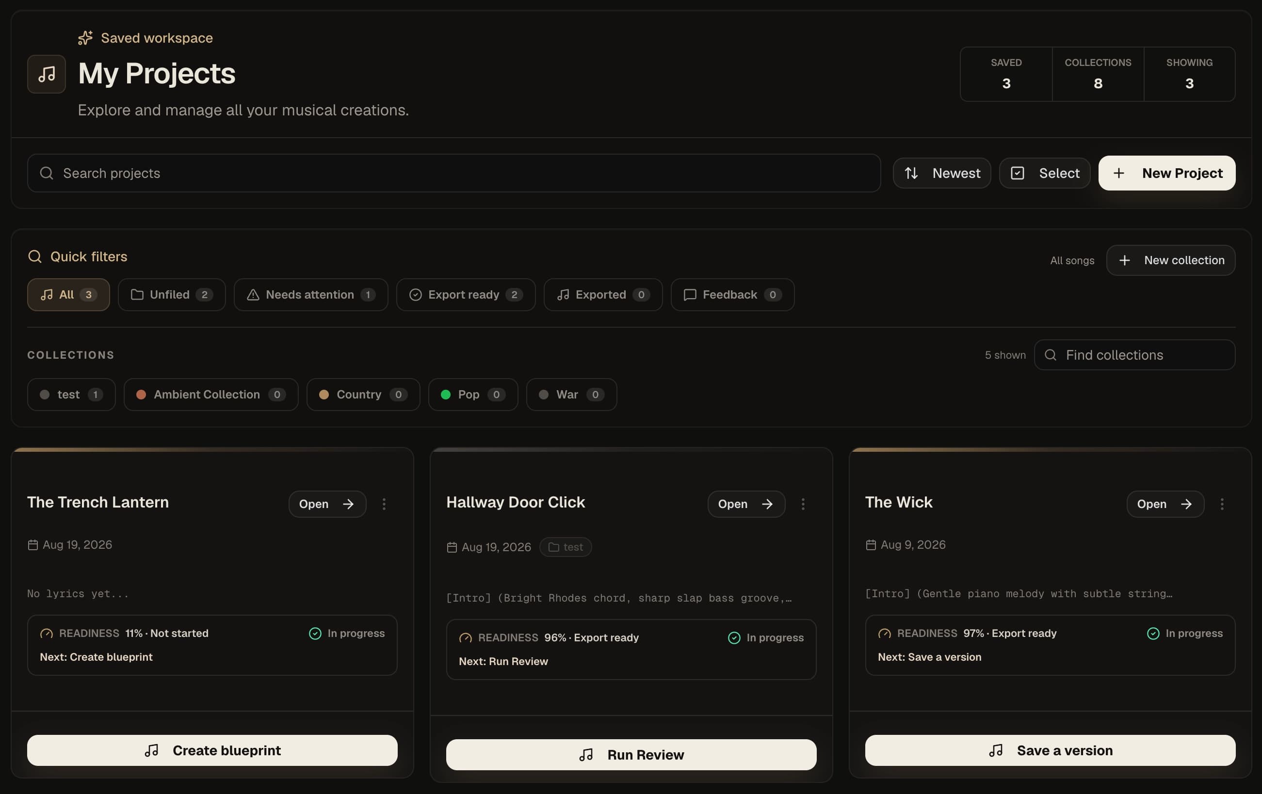 Kordra Music project library showing collections, readiness and the next useful action for each song.