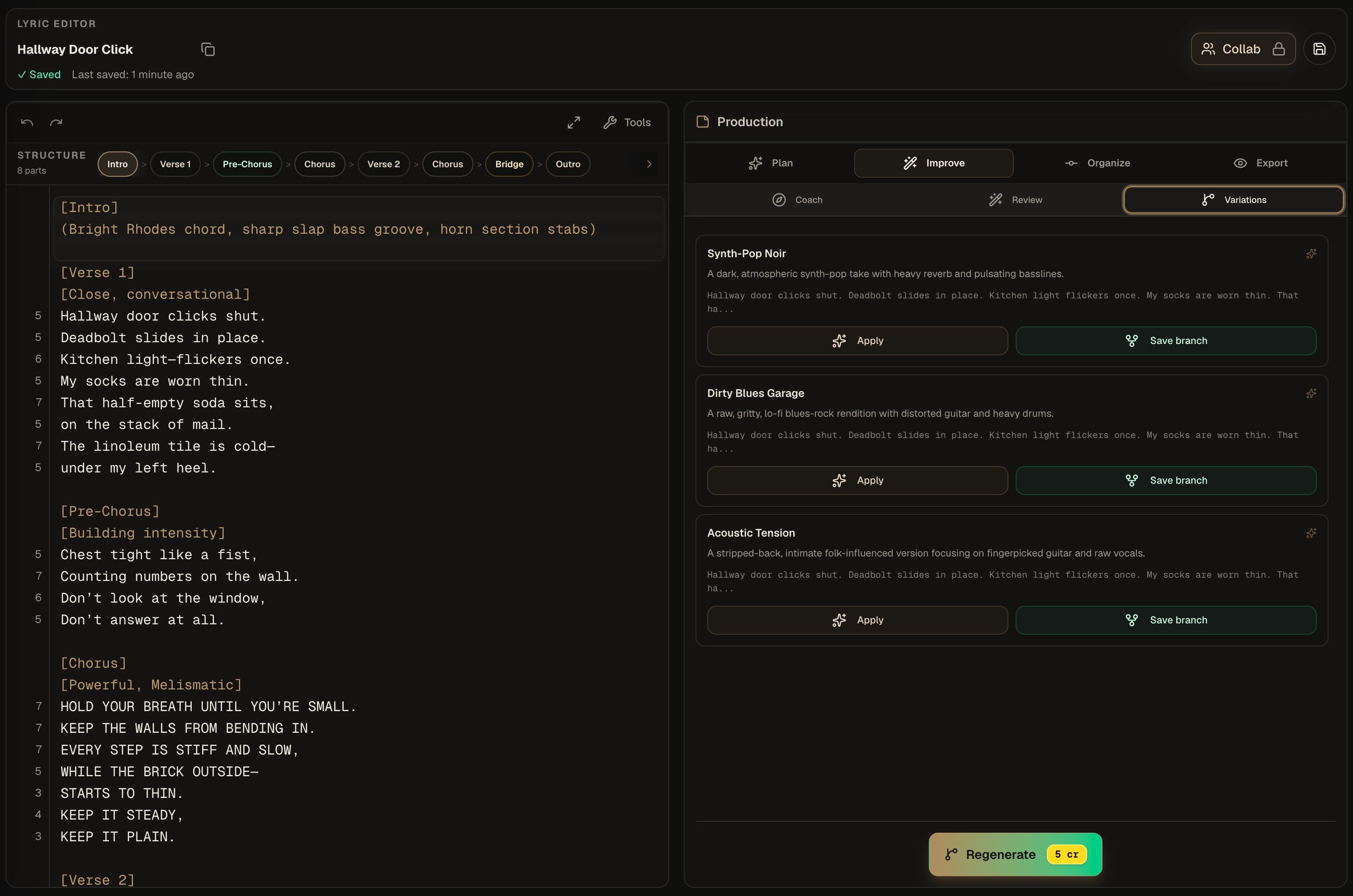 Kordra Music variations workspace showing alternative creative directions beside the working lyric.