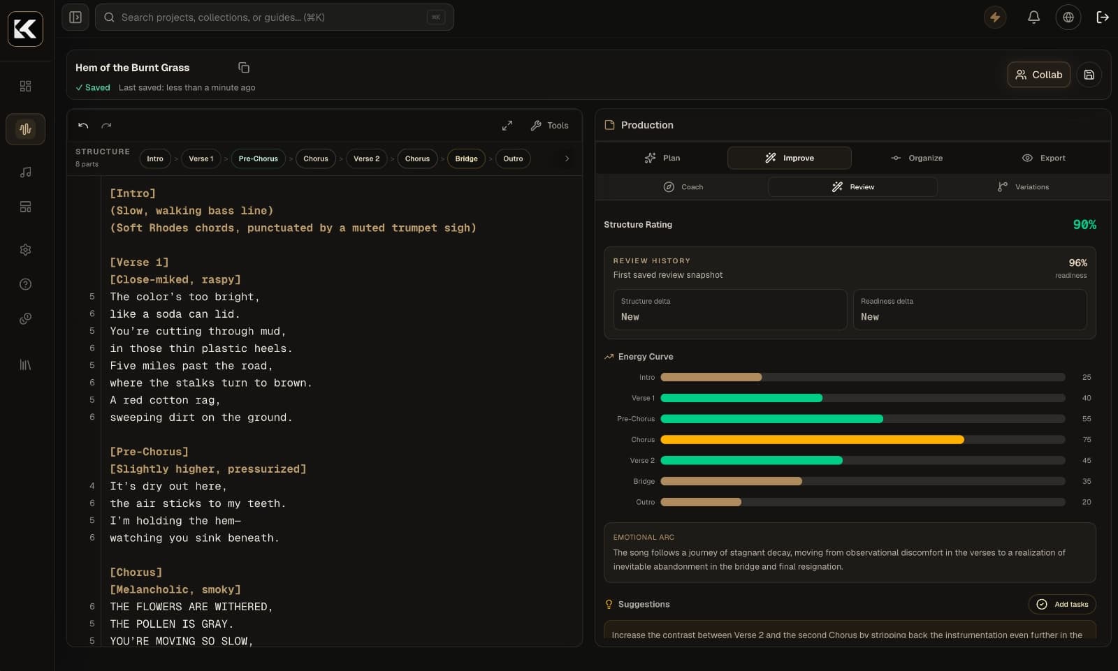 Kordra Music song review showing structure, energy and readiness feedback.