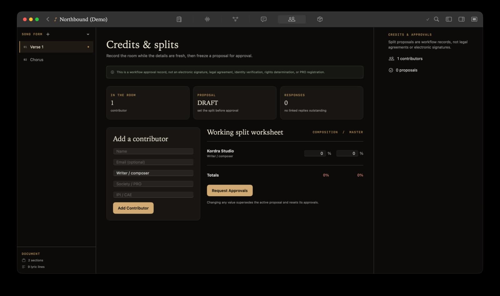 Kordra Studio credits and splits workspace showing contributors, composition shares and approval status.