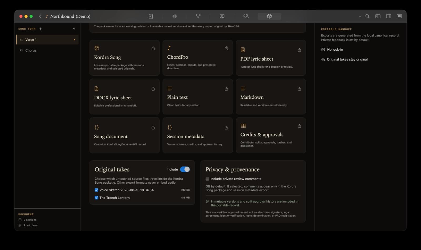 Kordra Studio handoff workspace showing portable song, lyric, metadata, credits and original-take exports.
