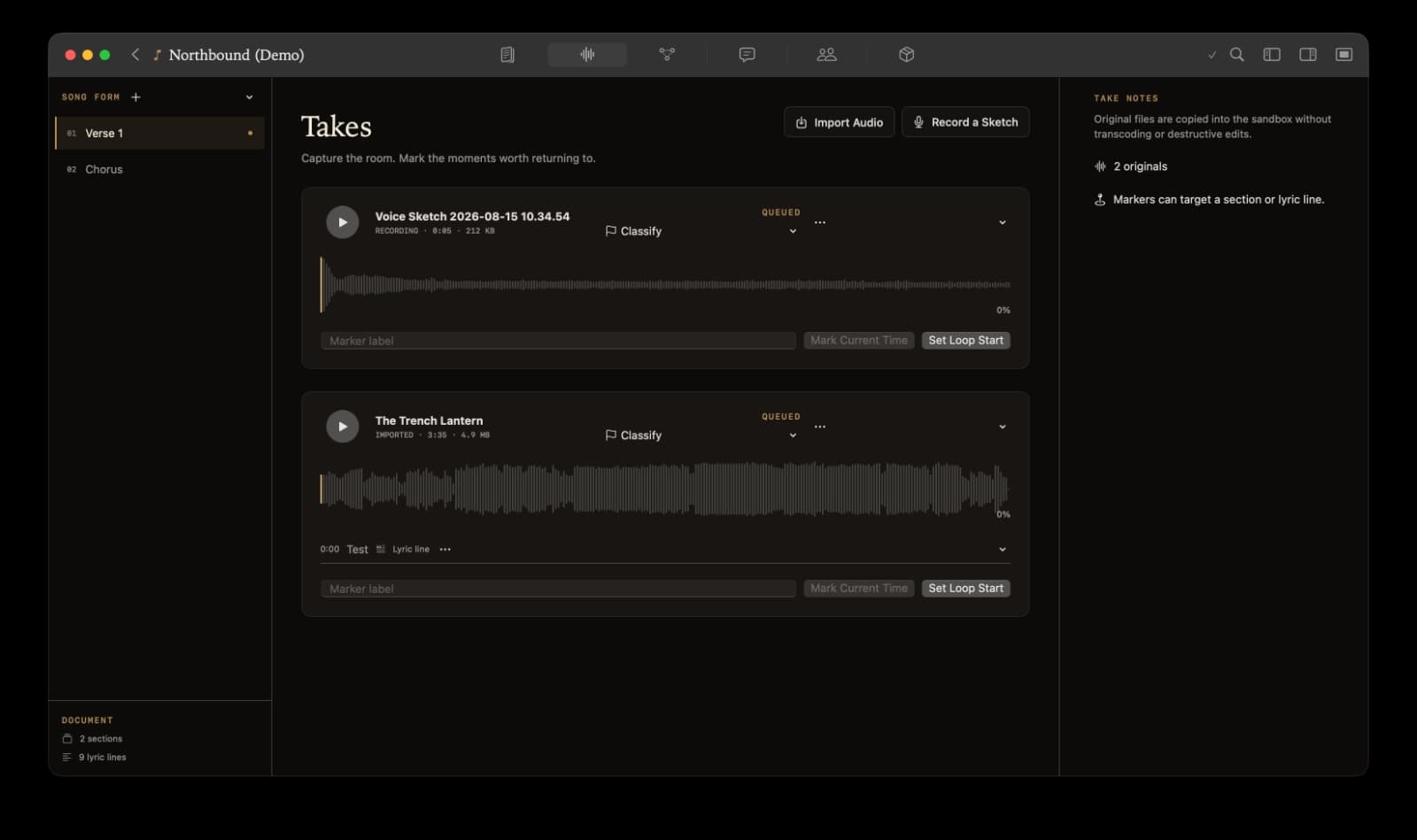 Kordra Studio takes view showing imported audio, a voice sketch, waveforms and section markers.