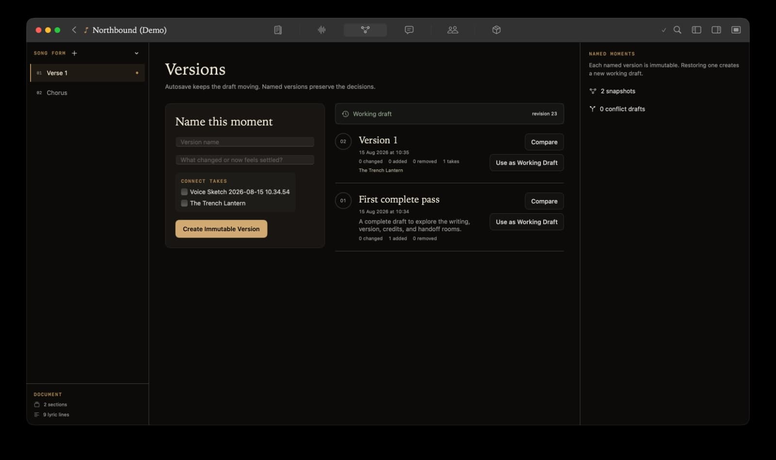 Kordra Studio version control showing immutable named versions and a separate working draft.