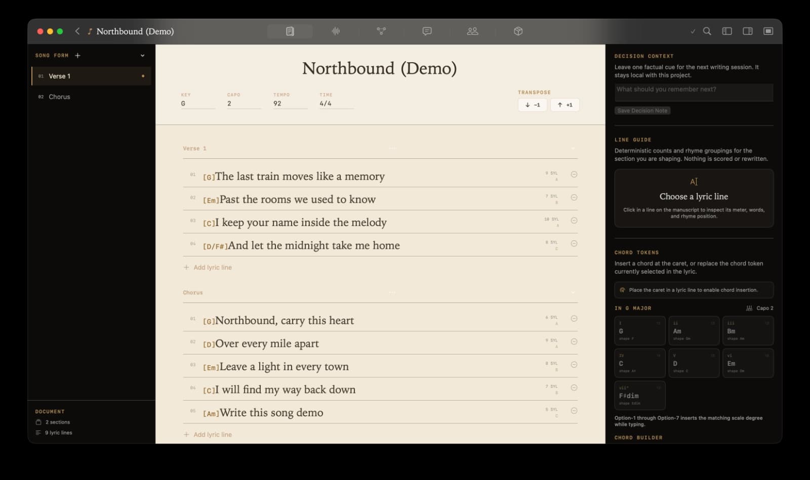 Kordra Studio native macOS writing room showing a structured song, chords and deterministic line guidance.