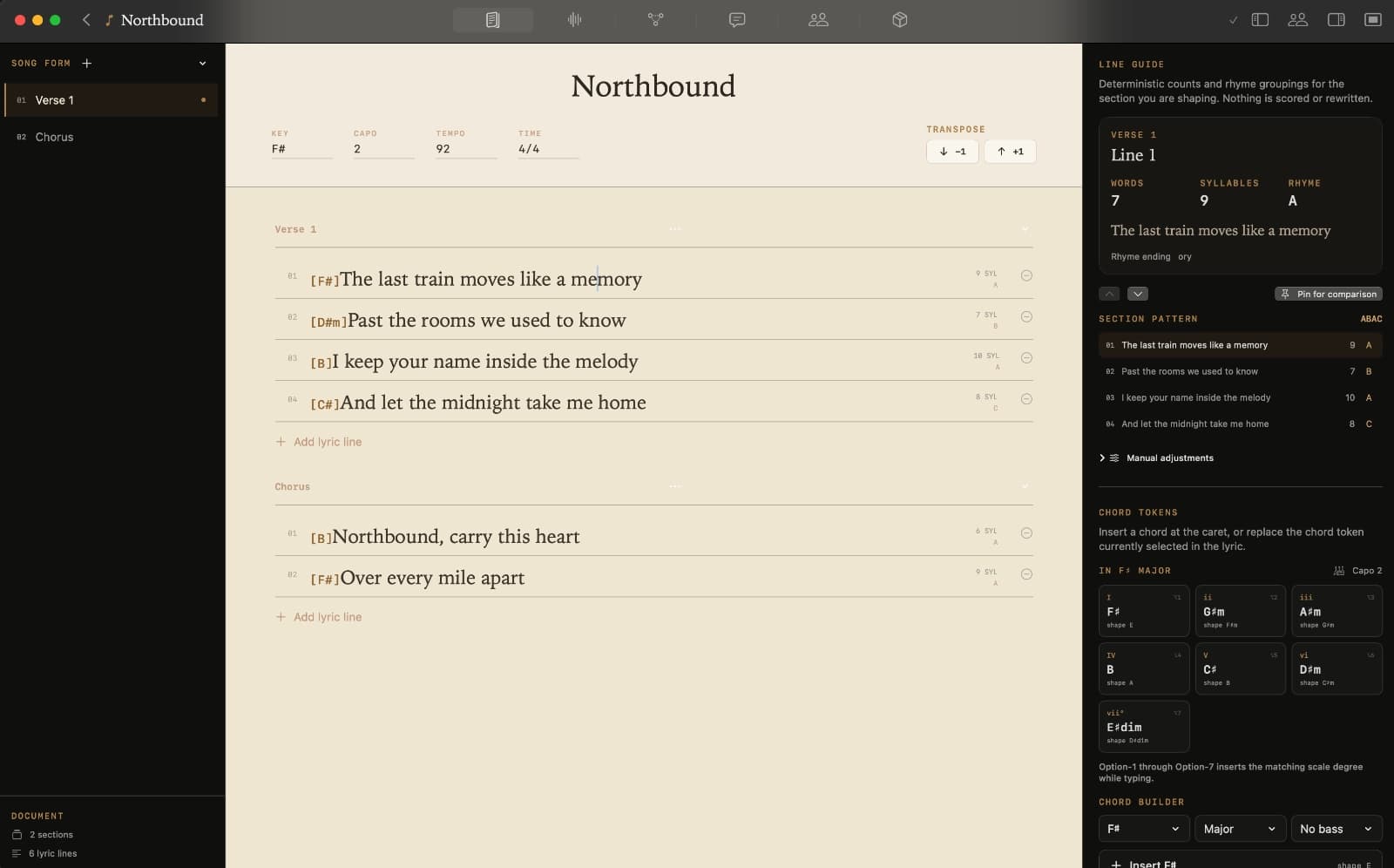 Kordra Studio manuscript editor showing a structured songwriting workspace.