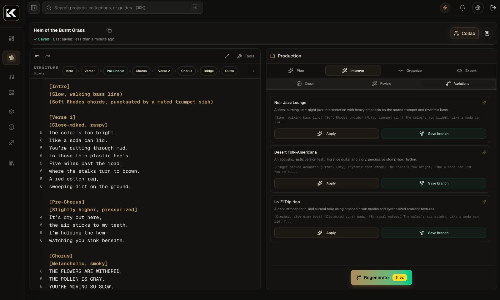 Kordra Music variations editor with structured song sections and alternative creative directions.