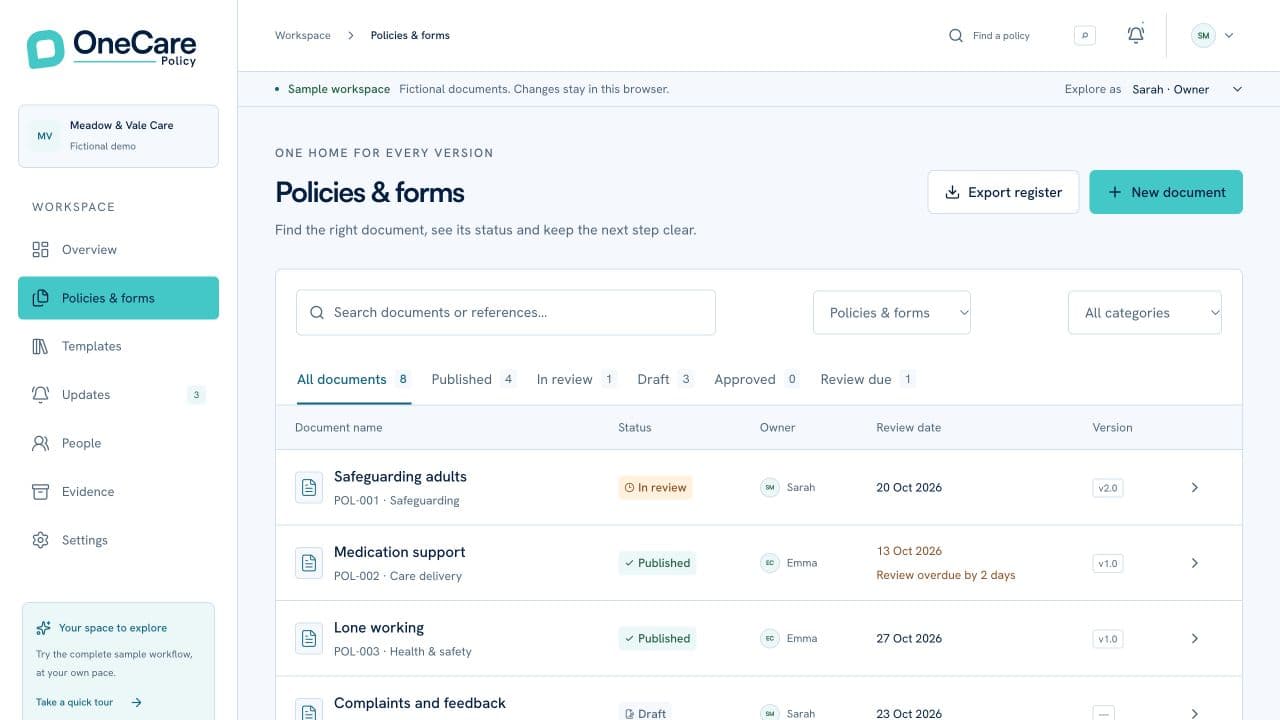 OneCare Policy development preview, showing a fictional policy and form register with owners, review dates and approval statuses.