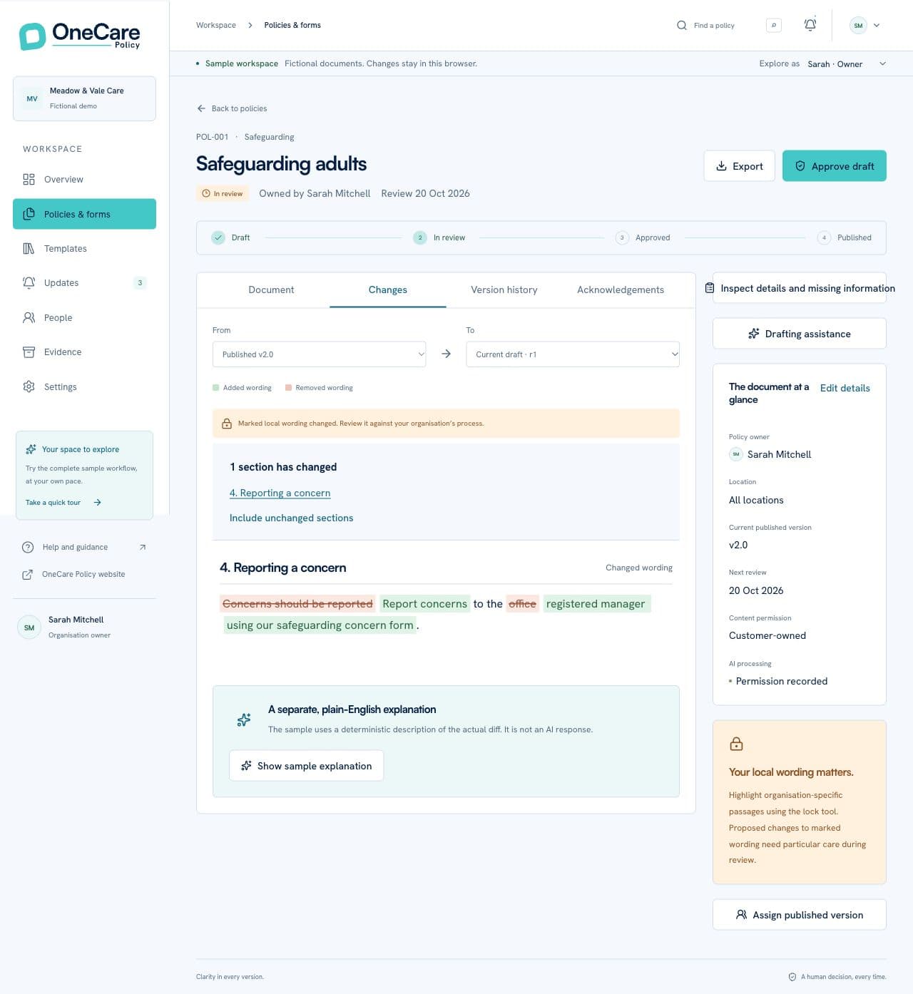 OneCare Policy development preview, comparing changes to a fictional safeguarding policy before a manager approves the draft.