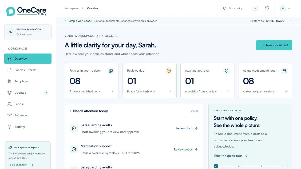 OneCare Policy development dashboard, showing policy reviews, approval tasks and staff acknowledgements in a fictional sample workspace.