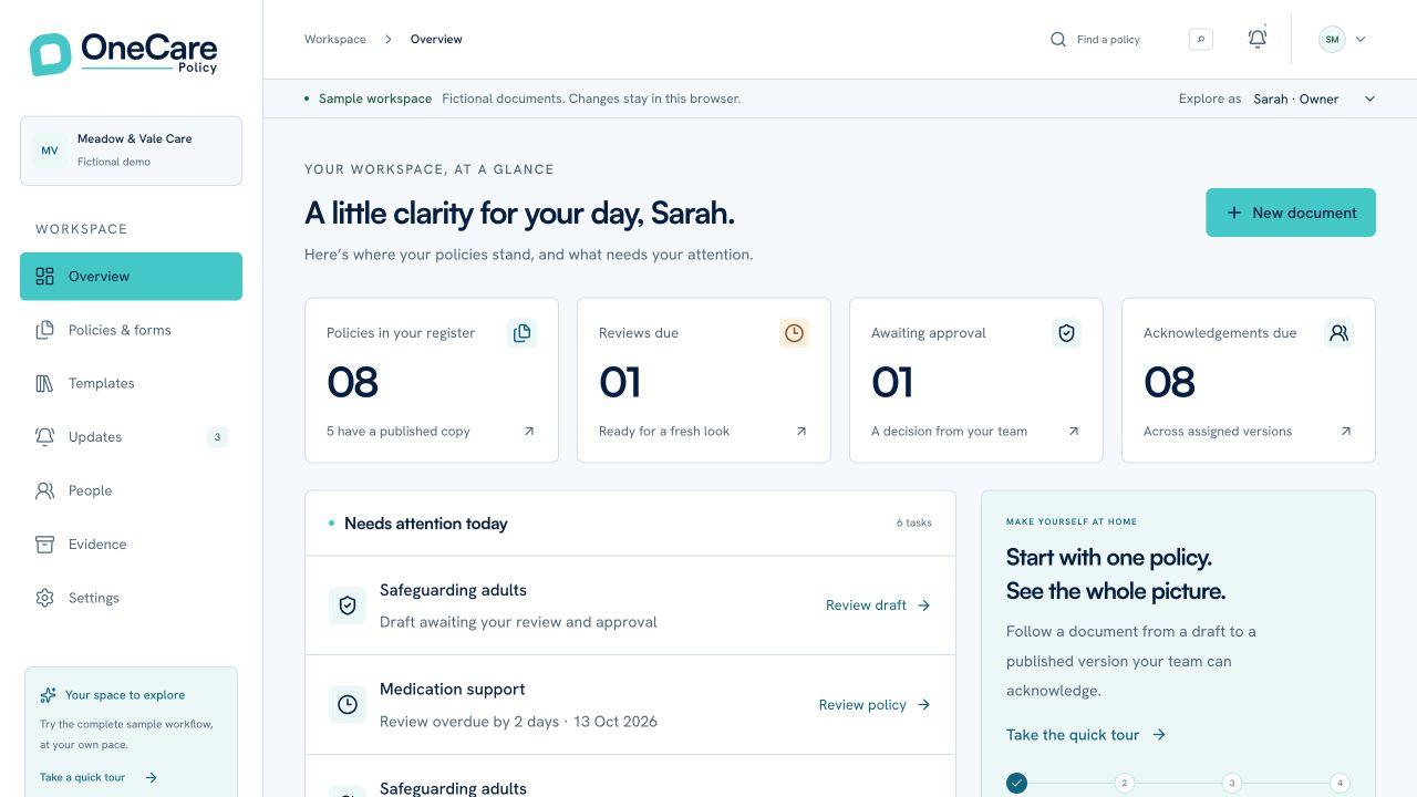 OneCare Policy development dashboard, showing policy reviews, approval tasks and staff acknowledgements in a fictional sample workspace.