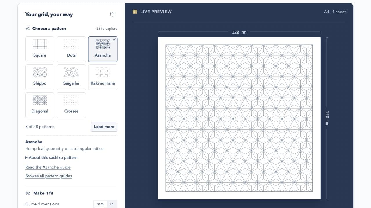 Sashiko Grid’s live pattern picker with Asanoha selected and a measured pattern preview beside it.