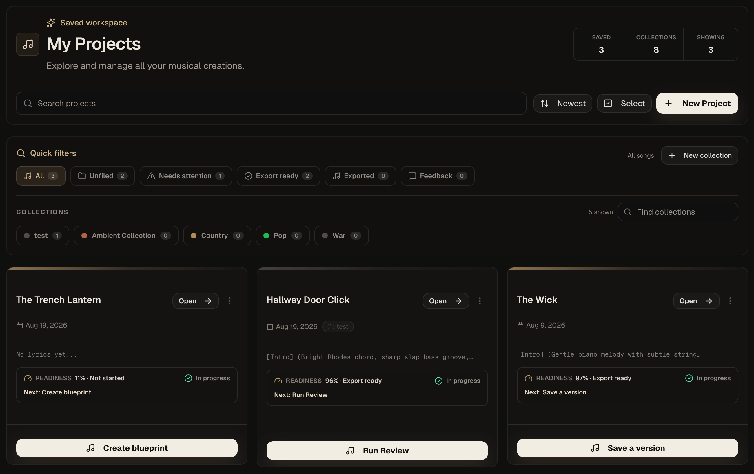 Kordra Music project library showing collections, readiness and the next useful action for each song.